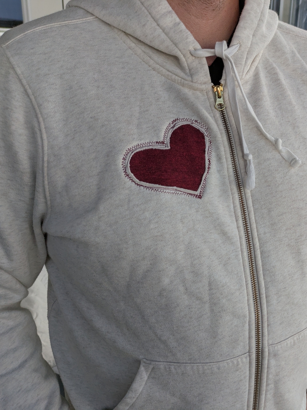 Women's Cream Full-Zip Hoodie With Red Heart Applique